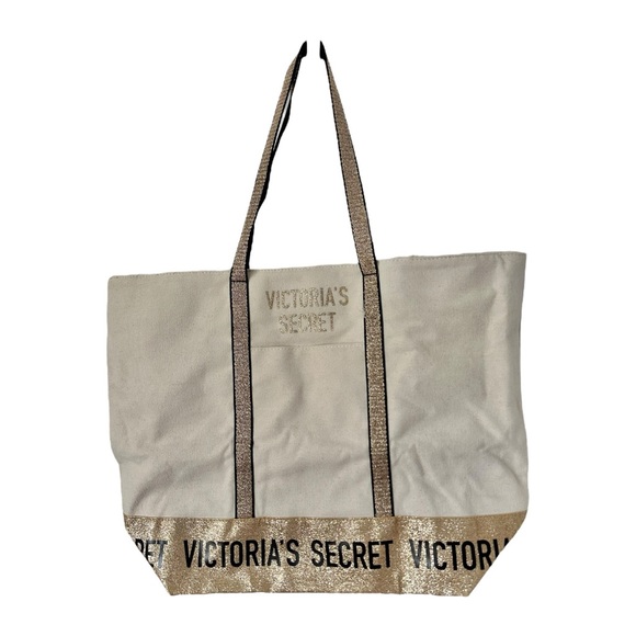 Victoria’s Secret Canvas & Gold Glitter Trim Tote Bag Zipper Top - Picture 8 of 14